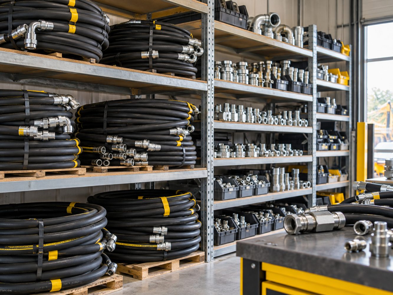 Illustration de flexibles et de raccords hydrauliques en stock